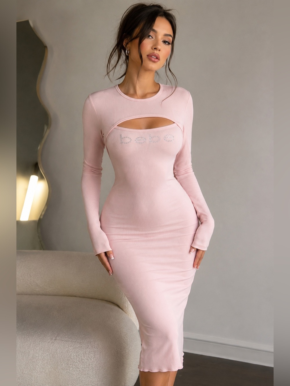 Bebe Y2K Rhinestone Logo Pink Ribbed Cutout Bodycon Midi Dress M